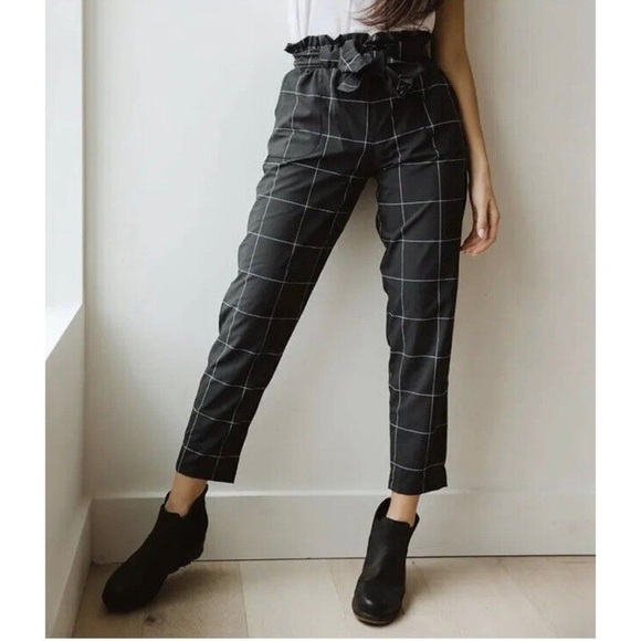 Albion Pants - Albion Windowpane Bow Belt Capri Pant Black White Check Paperbag Waist